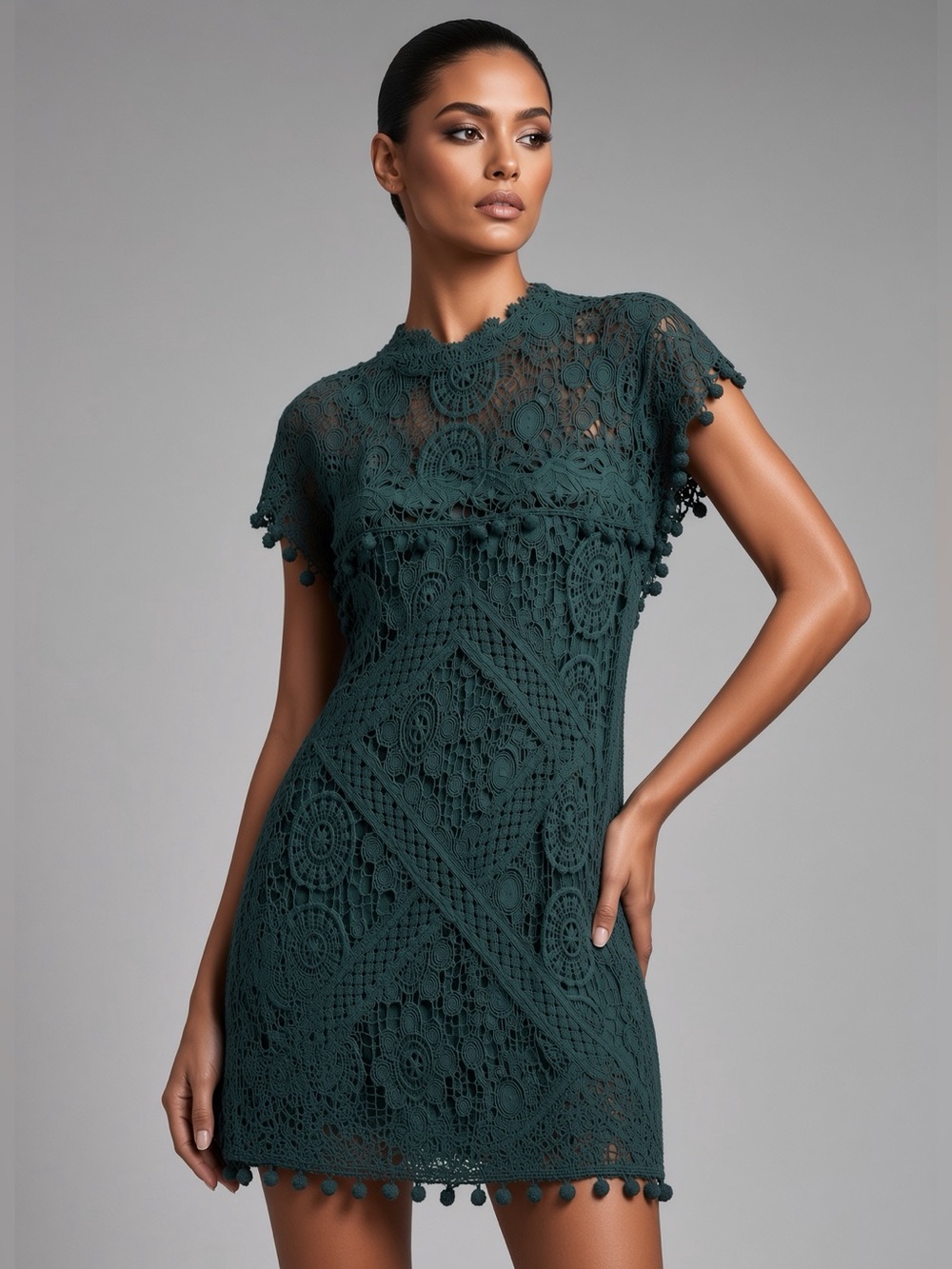 Tularosa Clayton Lace Pompom-Trim Shift Dress, Hunter Green S
